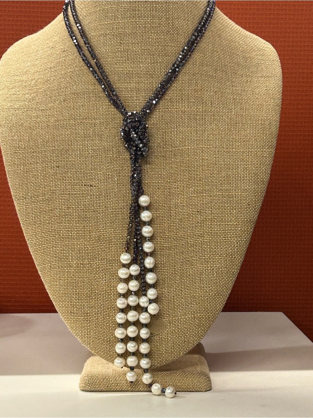 Pearl Tassel Lariat Necklace plum/gunmetal crystals and genuine pearls